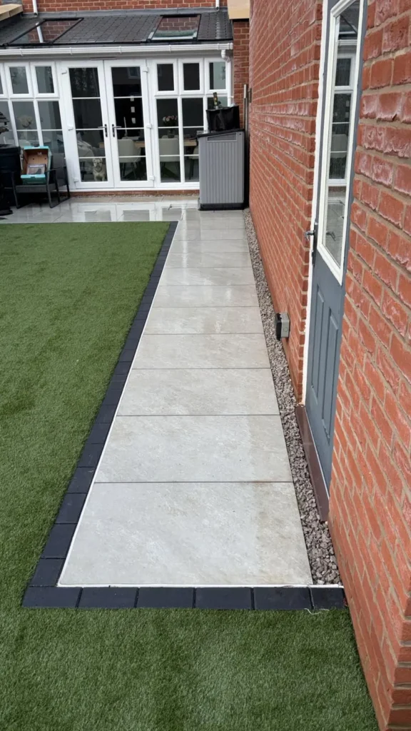Porcelain paving path beside a lawn